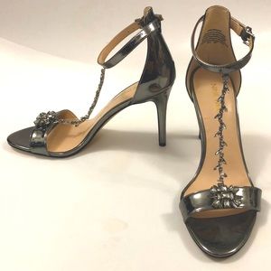 Nine West 8.5M High Heel Shoe Silver Mirror Jewels on Adjustable Strap Excellent